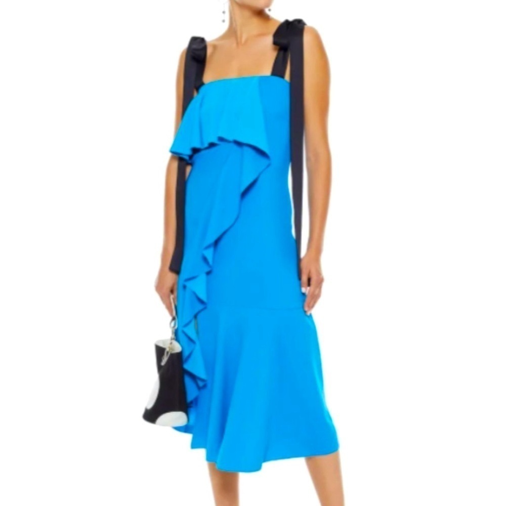 NWT Goen.J Ruffle-Trimmed Midi Dress Blue with Black‎ Straps Size L/US8